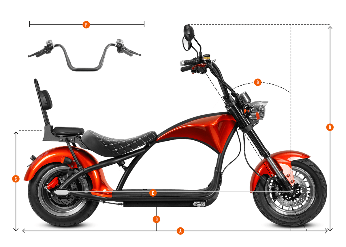 Eahora Emars M1P 2-Seat Orange electric motorcycle dimension diagram with labeled size markers A‑F showing vehicle measurements
