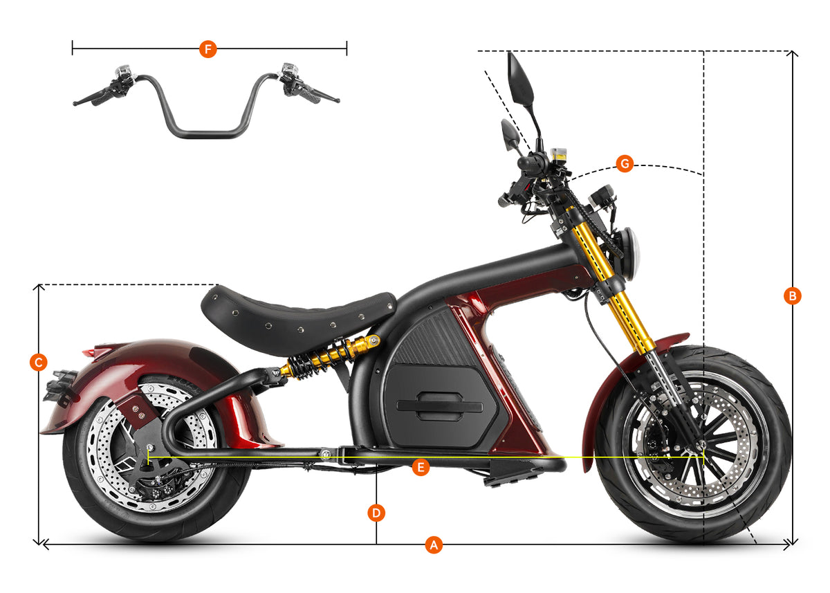 Eahora Emars M8S Garnet electric motorcycle dimension diagram with labeled size markers A‑F showing vehicle measurements
