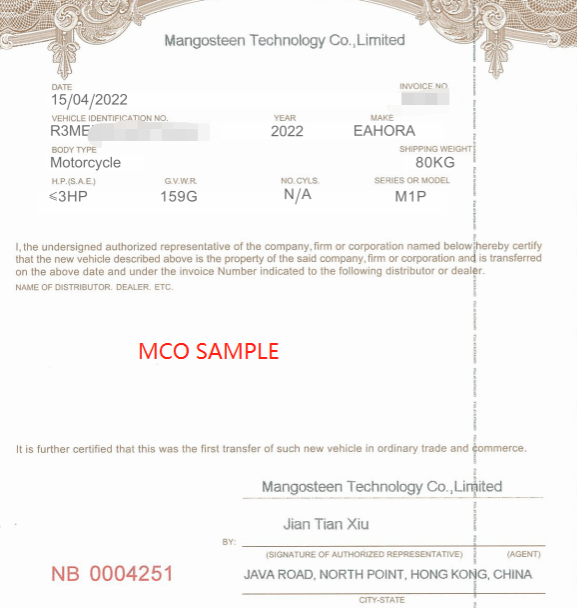 LICENSE PLATE - Eahora Scooter