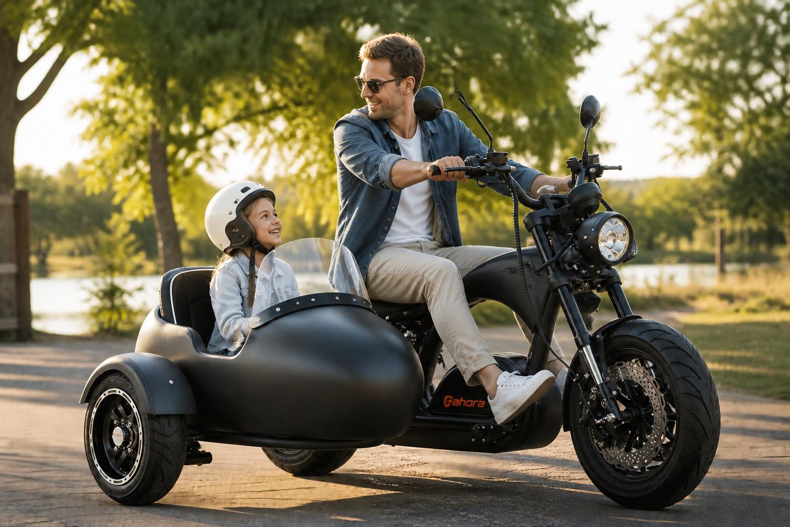 ather and little kid riding black sidecar electric motorcycle outdoors on park trail, Eahora vintage electric chopper with sidecar