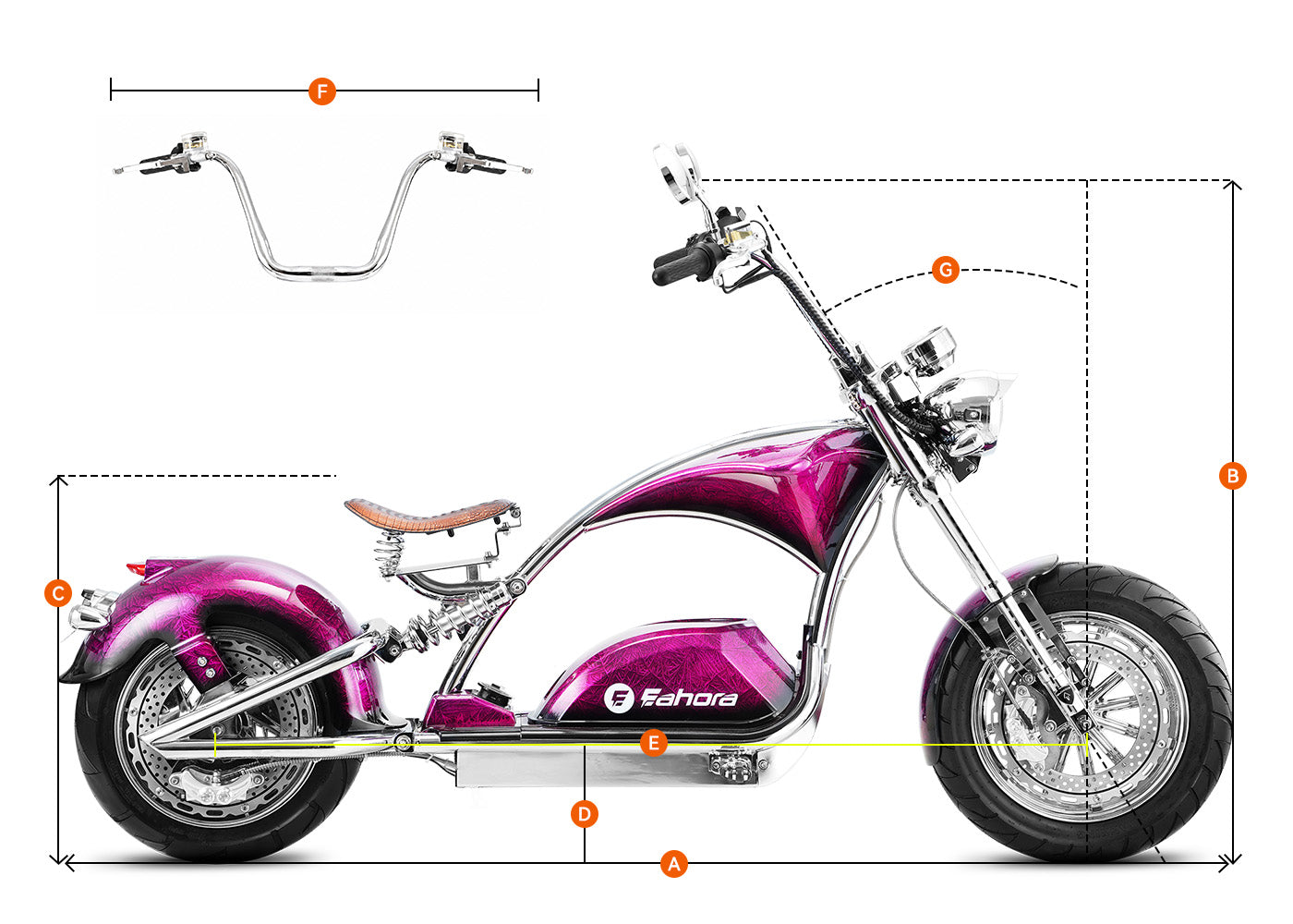 Labeled dimension diagram showing key measurements of the Eahora Vixen Red chopper electric motorcycle.

