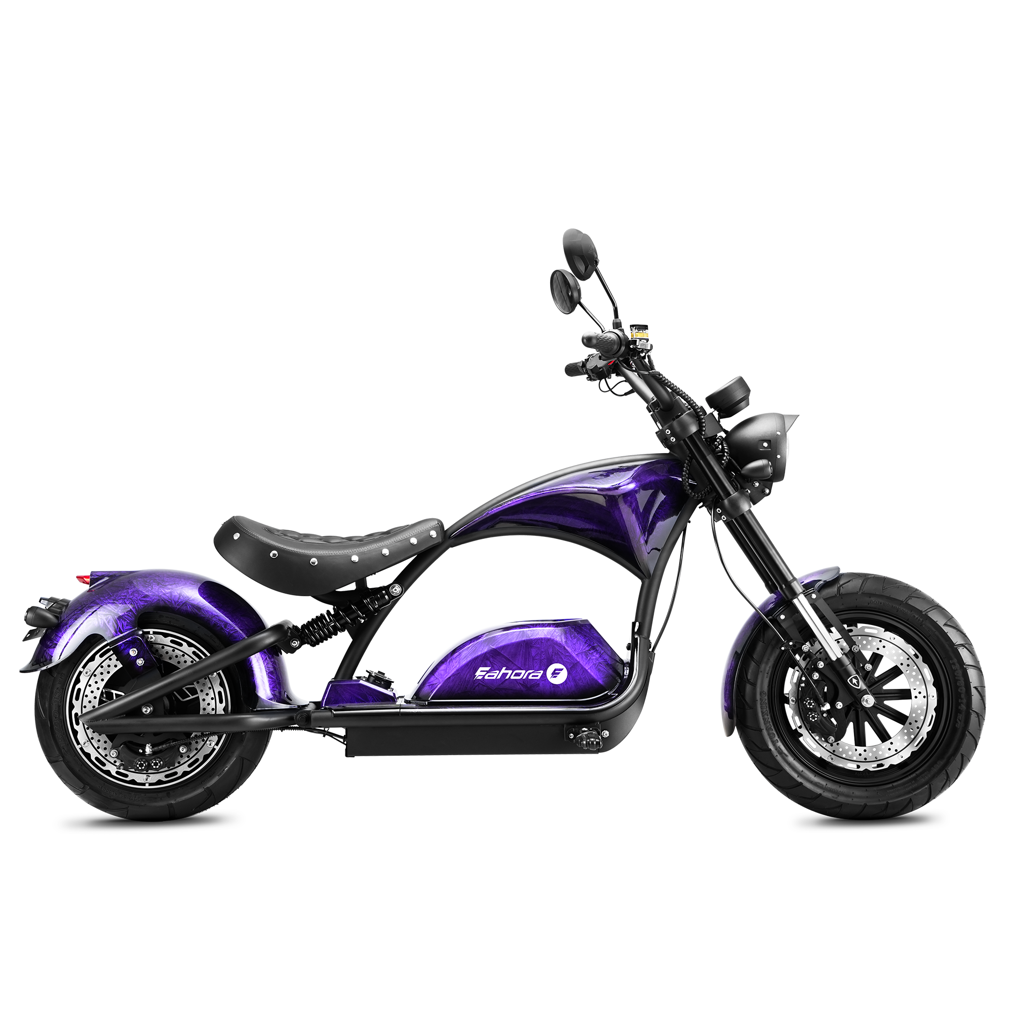 Eahora M1PS chopper electric motorcycle in Midnight-Purple, side view 