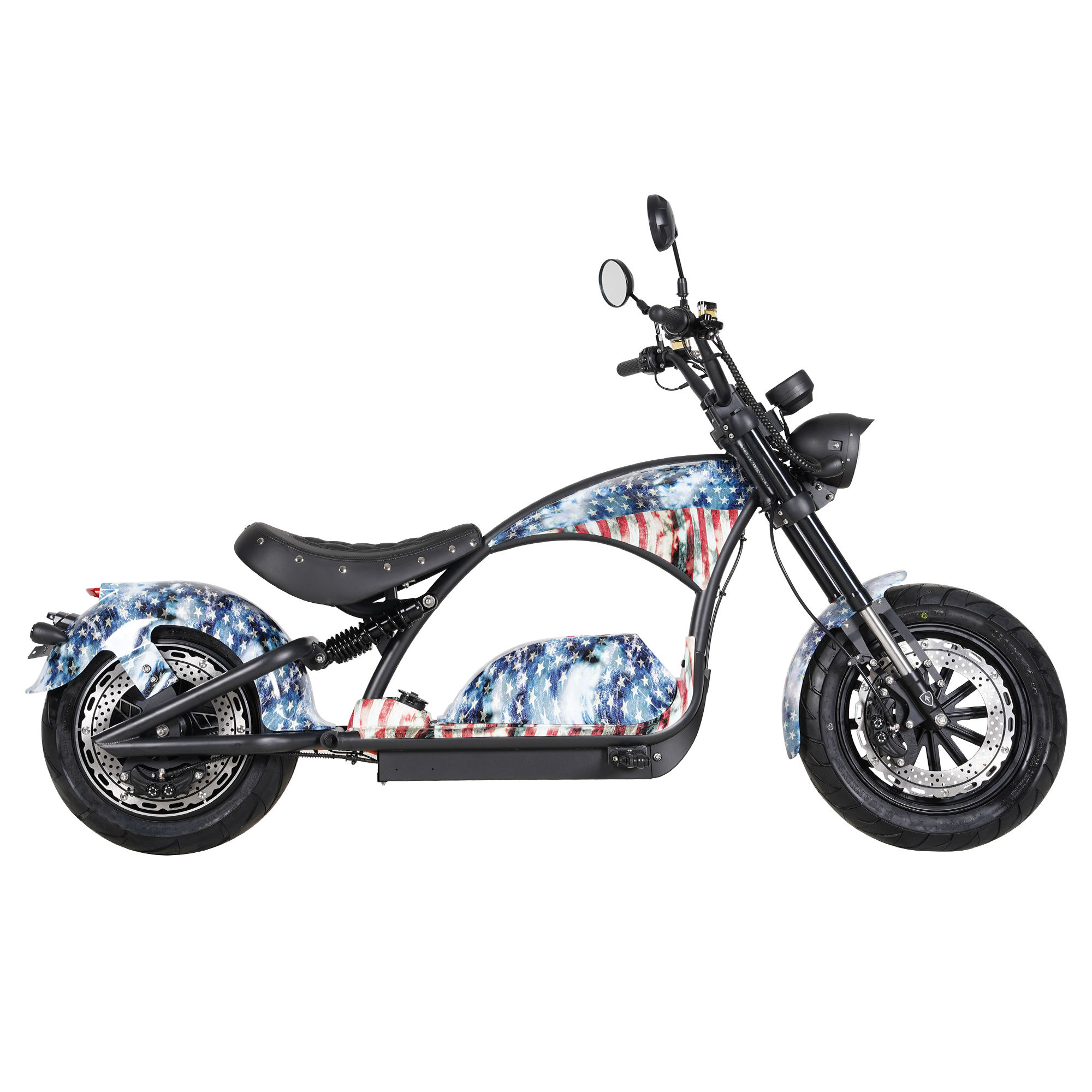 Eahora M1PS chopper electric motorcycle 4000W in Old Glory, side view 