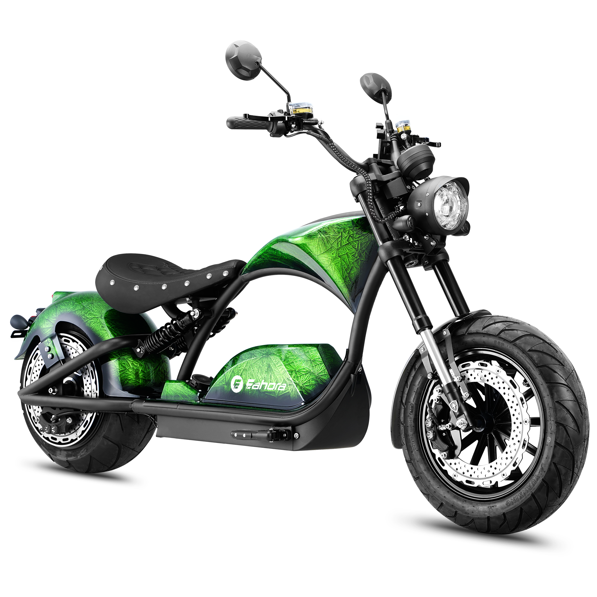 Left side view of Eahora M1PS Outlaw Green retro electric chopper