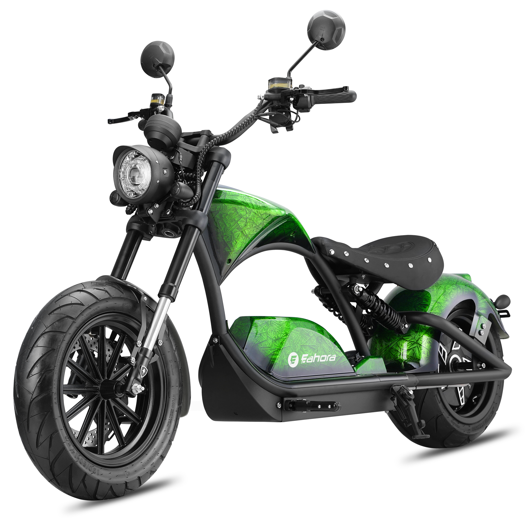 Right side profile of Eahora M1PS Outlaw Green chopper-style scooter