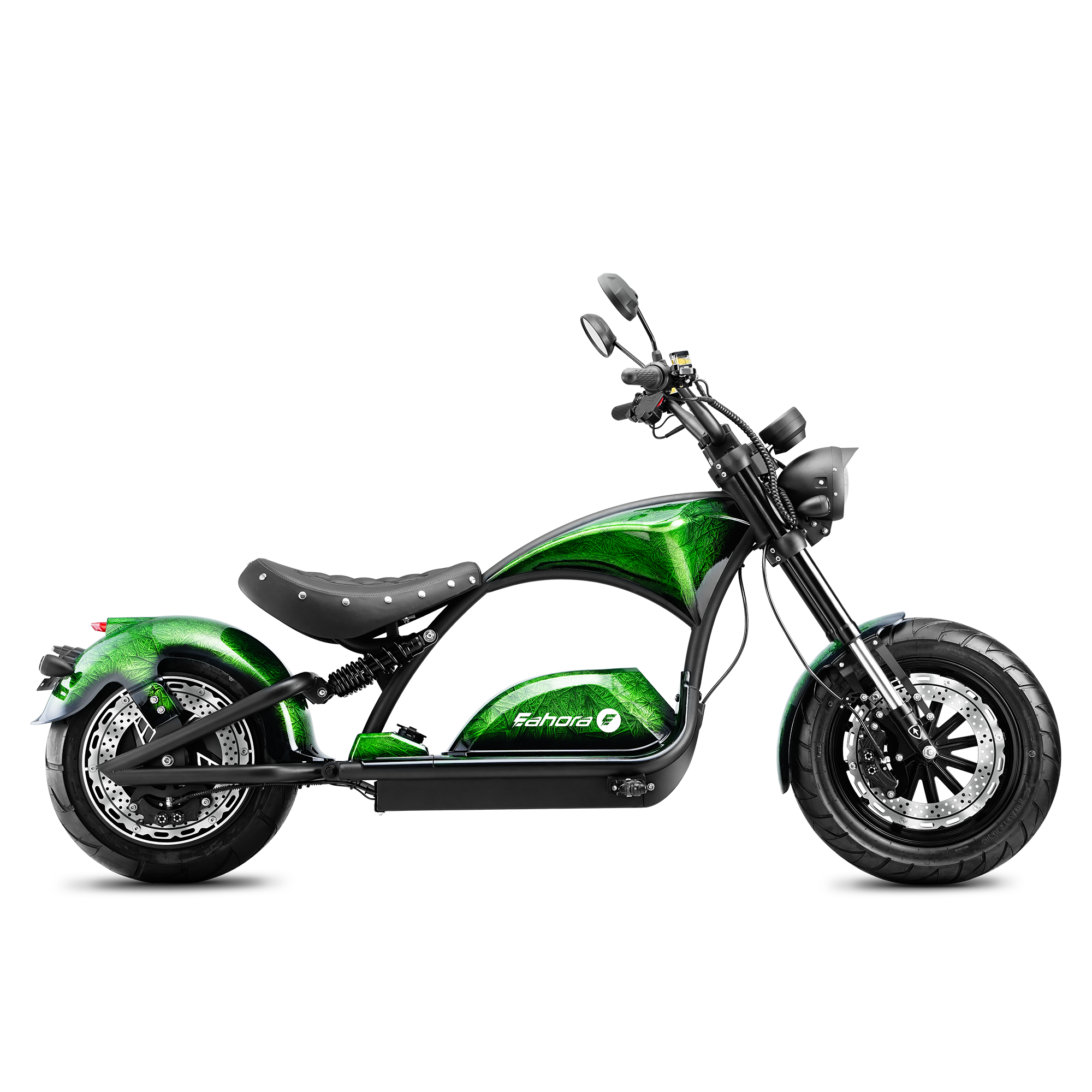 Eahora M1PS chopper electric motorcycle in Outlaw Green side view 
