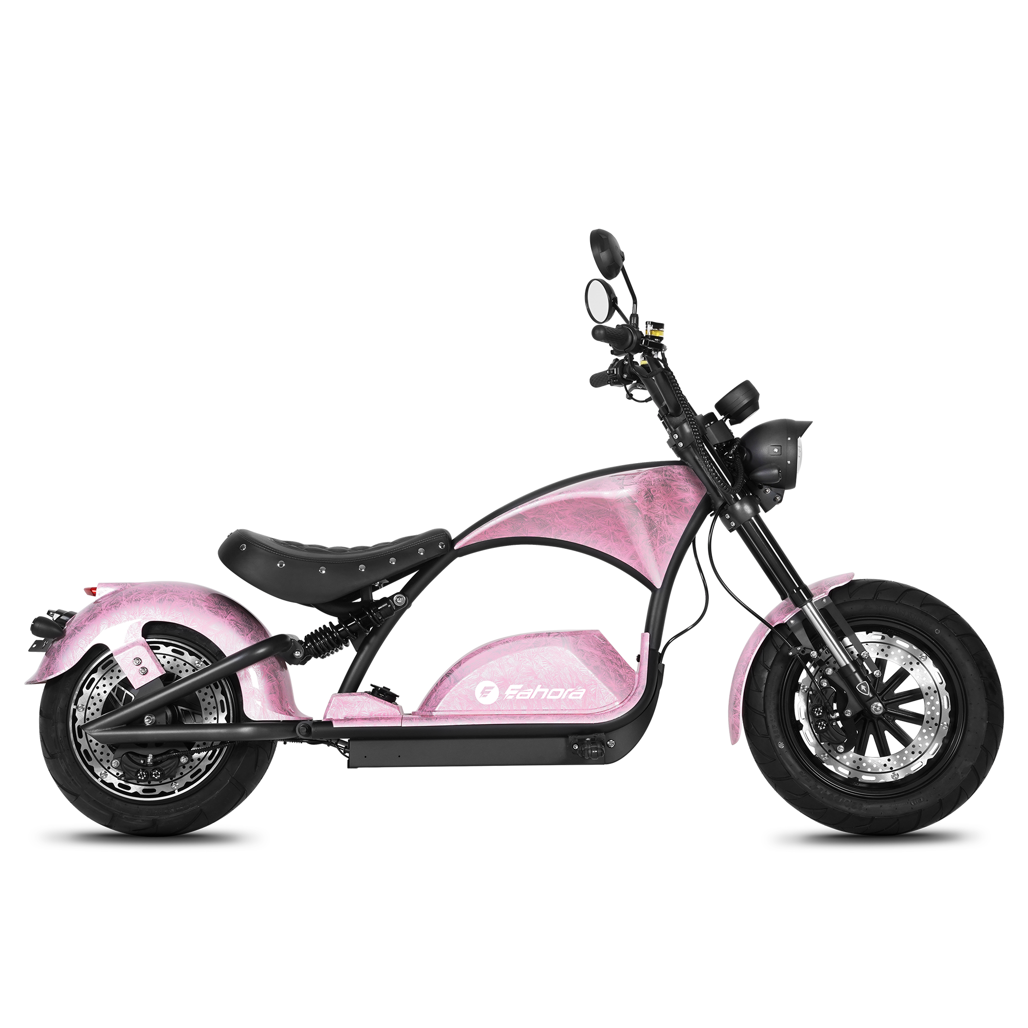 Eahora M1PS chopper electric motorcycle in Rebel Rose, side view 
