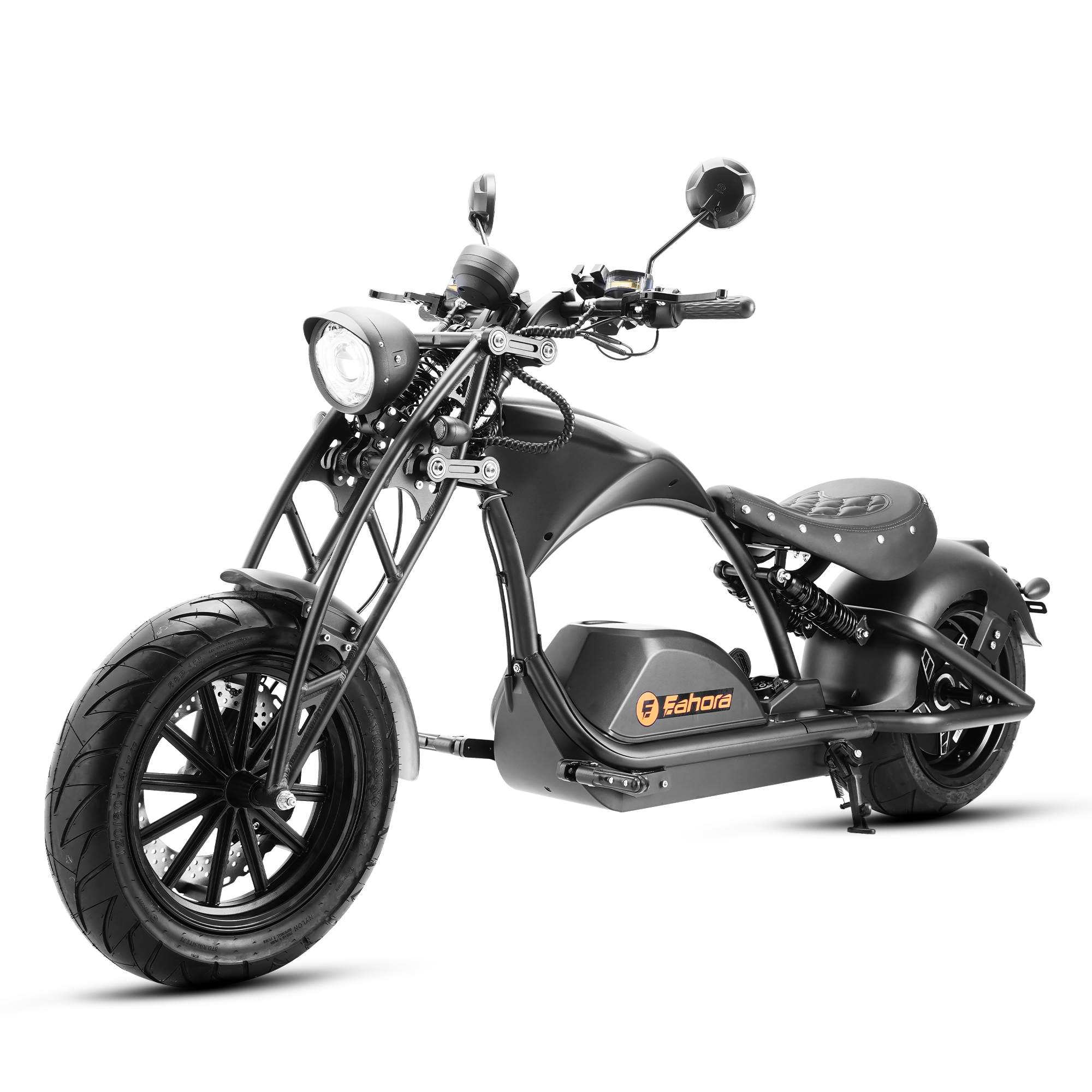 Eahora M1PS chopper electric motorcycle 4000W Ironbone Horse, Girder front fork, left side view 