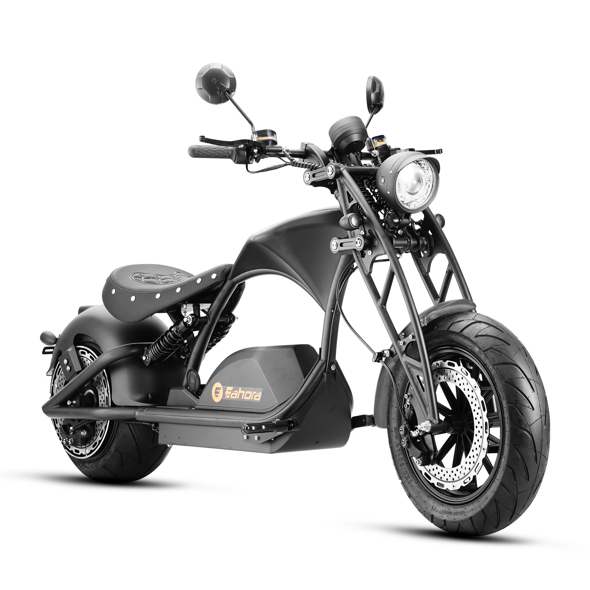 Eahora M1PS chopper electric motorcycle 4000W Ironbone Horse, Girder front fork, right side view 