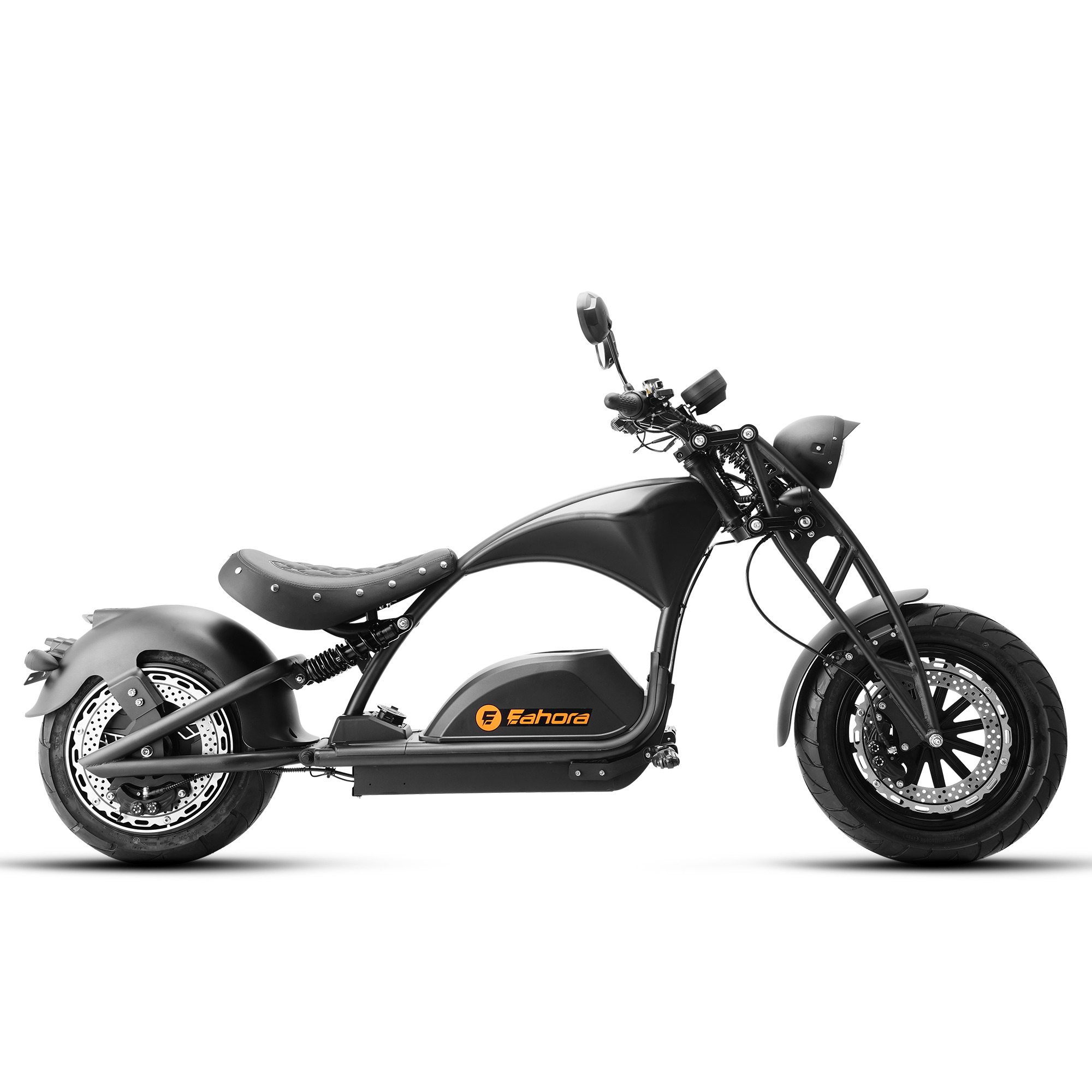 Eahora M1PS chopper electric motorcycle 4000W Ironbone Horse, Girder front fork, side view 