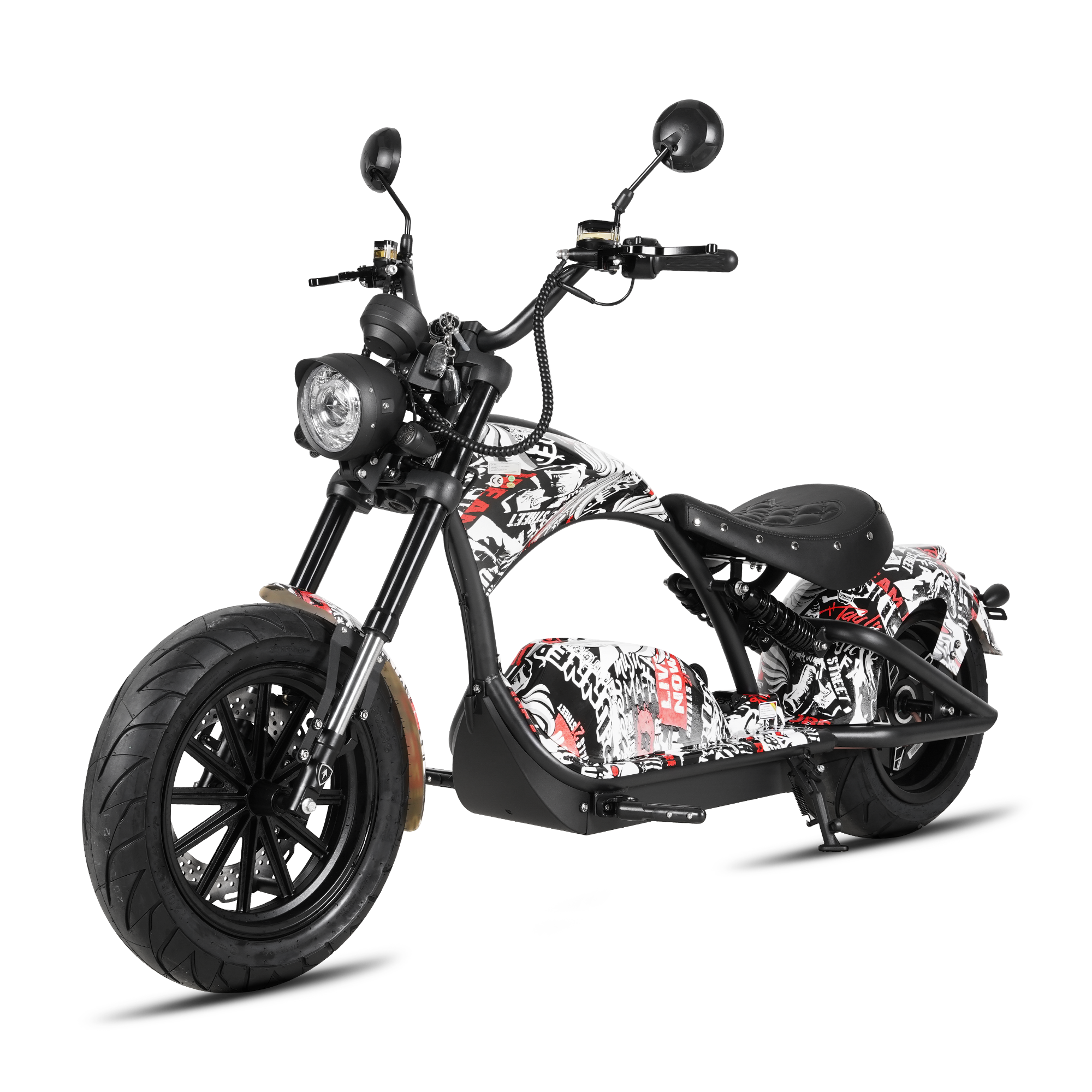 A custom chopper-style electric motorcycle with a black frame, black wheels, and a white, black, and red graffiti-style graphic pattern on the fuel tank and side panels, shown on a solid white background.