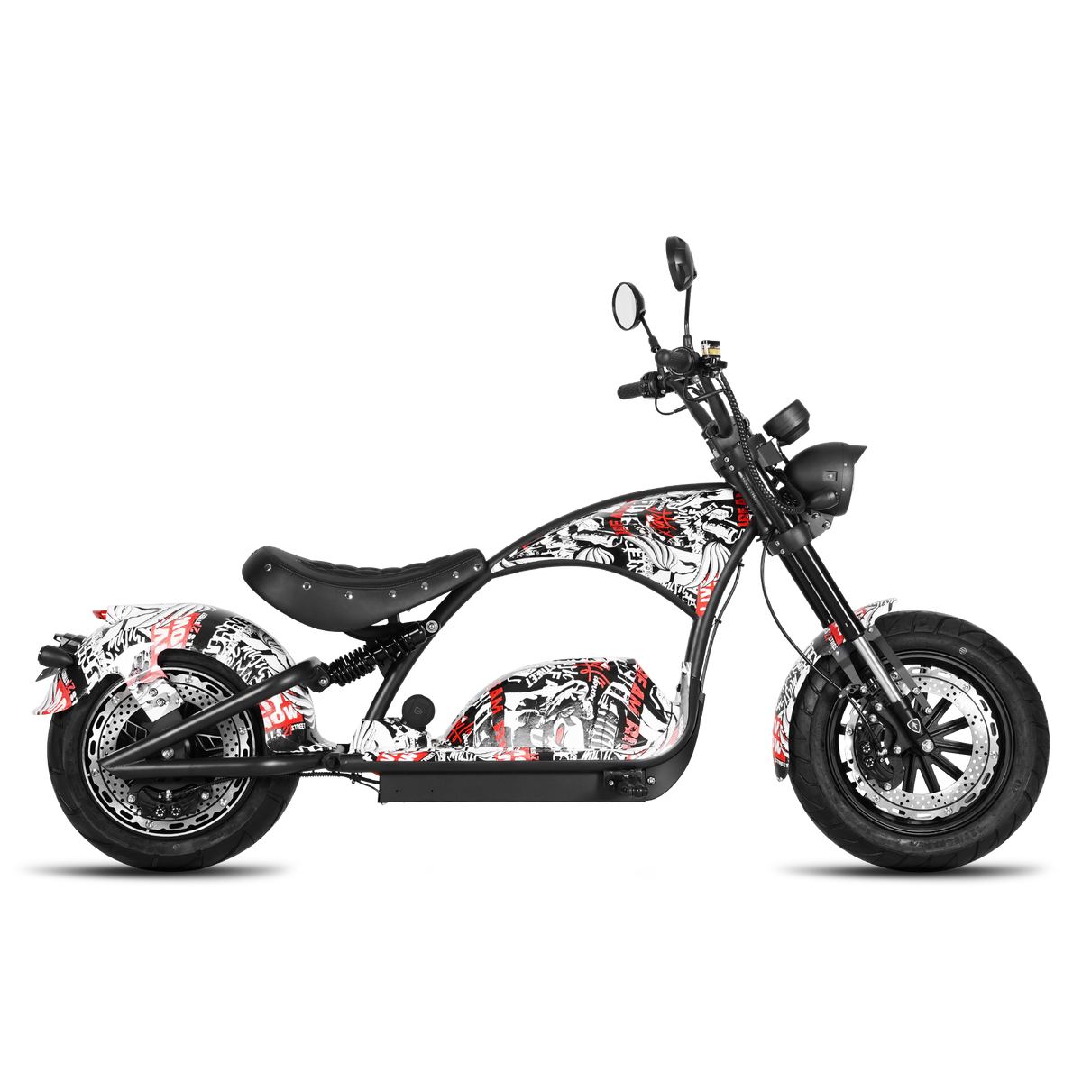 A chopper-style electric scooter with a black frame and seat, decorated with a white and red graphic pattern, shown against a plain white background.