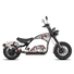 A chopper-style electric scooter with a black frame and seat, decorated with a white and red graphic pattern, shown against a plain white background.