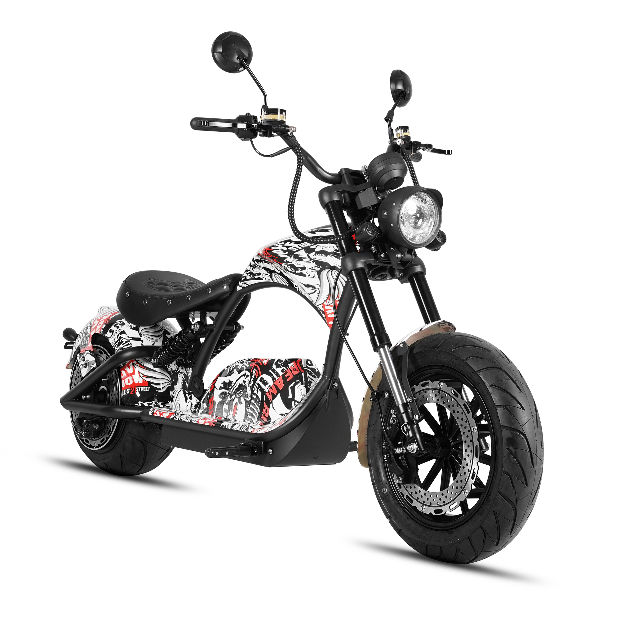 A custom chopper-style electric motorcycle with a black frame, black seat, and a white, black, and red graphic pattern on the fuel tank and side panel. It features a round headlight, black mirrors, and a black tire with a brown sidewall, photographed on a clean white background.