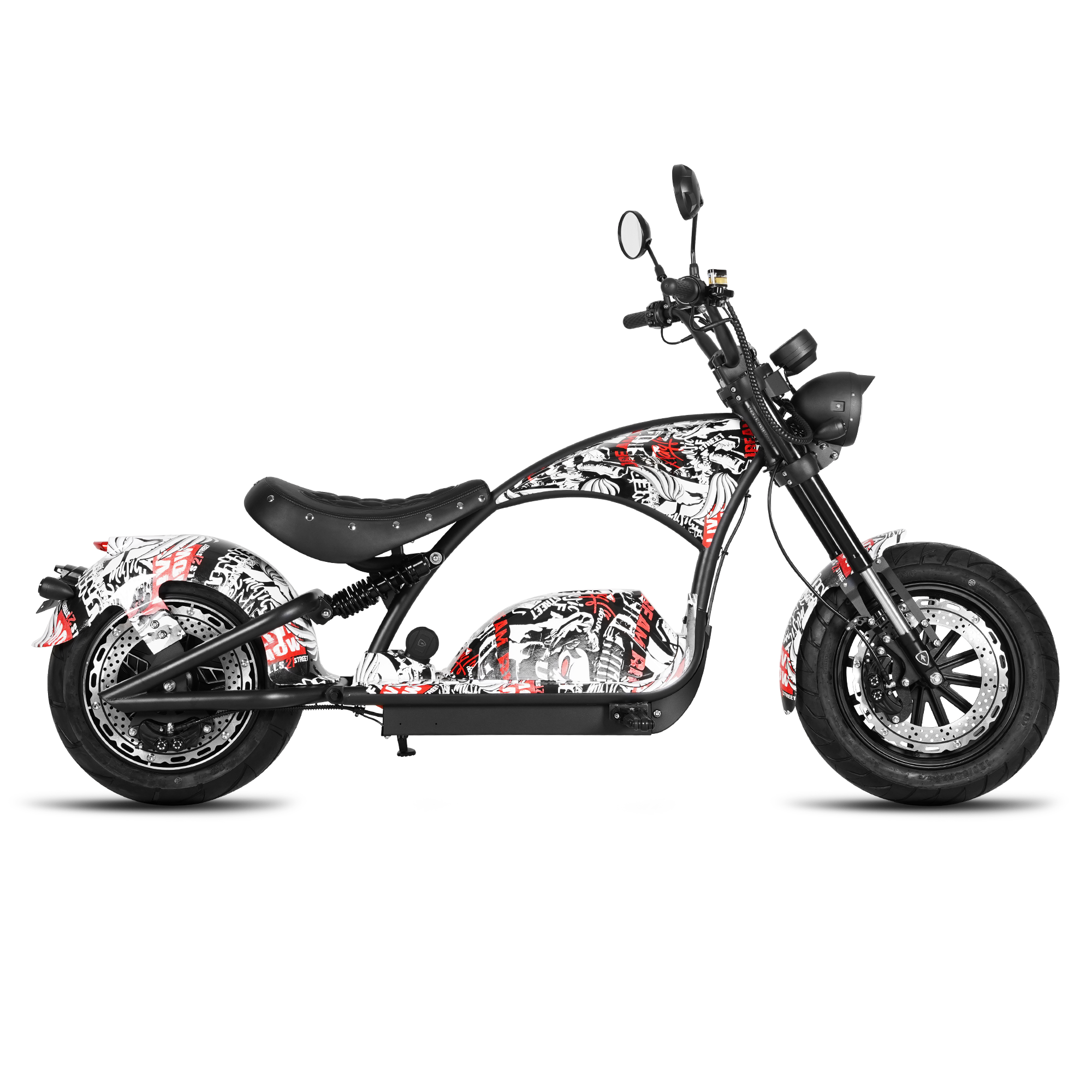 A chopper-style electric motorcycle with a black frame and seat, decorated with a white, red, and black graphic graffiti print, shown against a solid white background.
