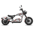 A chopper-style electric motorcycle with a black frame and seat, decorated with a white, red, and black graphic graffiti print, shown against a solid white background.